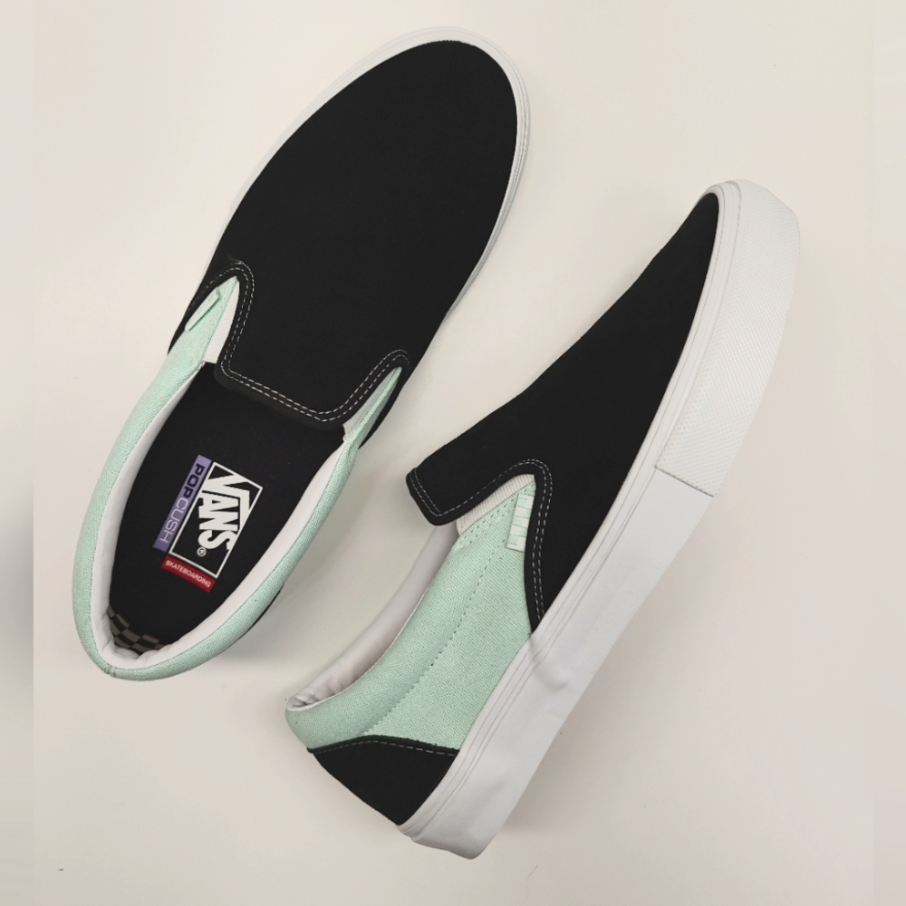 Vans Slip-On Mint Green Black Suede Canvas Skateboard PopCush Sneakers Men's 13